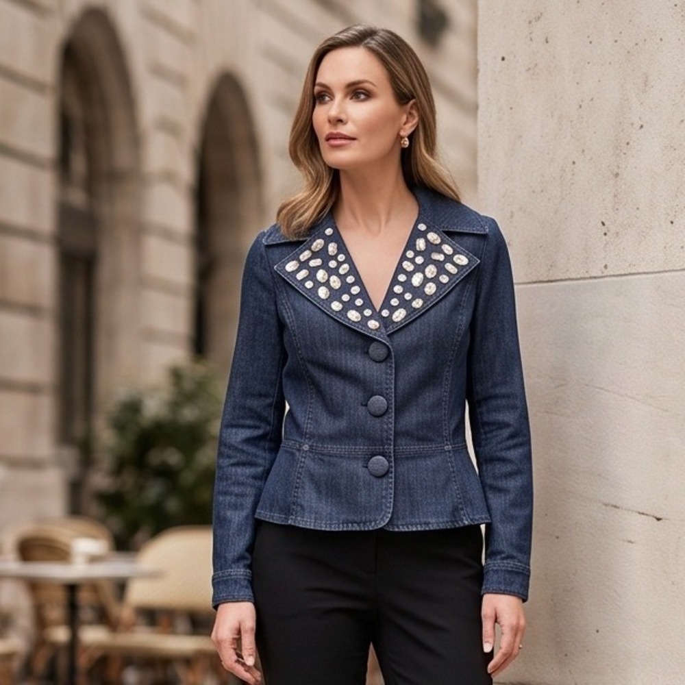 Jeanology Collection 2 Blue Rhinestone Y2K Embellished Denim Jacket NWT